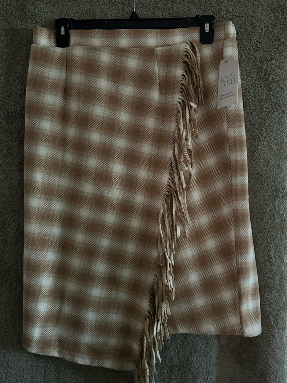 Time and Tru Beige and White Plaid Fringe Midi Skirt